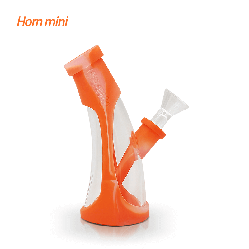 Waxmaid 5.67″ Mini Horn Silicone Glass Bubbler with orange silicone sleeve and clear glass chamber