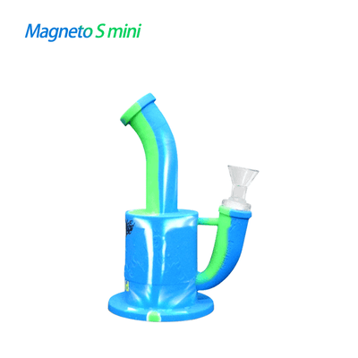 Waxmaid Magneto S Mini silicone water pipe in blue and green with magnet in downstem for lighter or dab tool collection