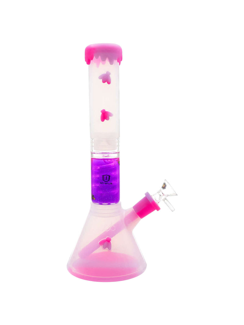 Stratus Silicone Bee Clear Freezable Perc in pink and purple with matching accents and freezable Perc, perfect for home or travel.