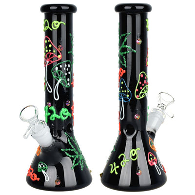 Leaf and Shroom Glow In Dark Glass Beaker Water Pipe - 9.5" / 14mm F