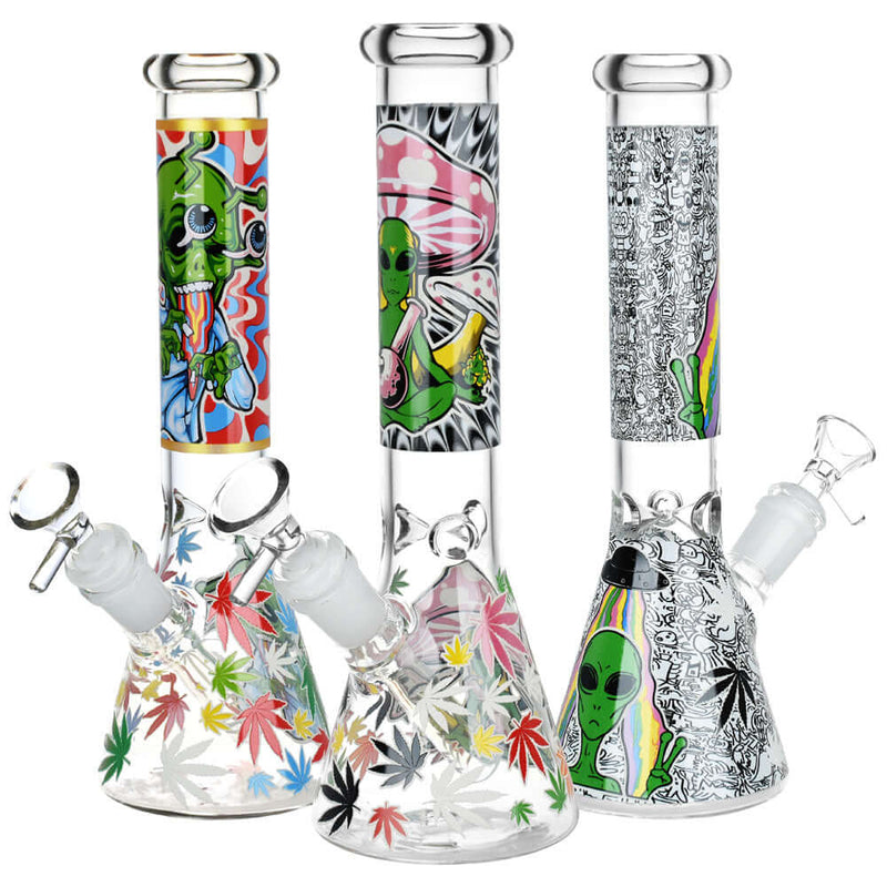 Aliens And Hemp Leaves Glow Glass Beaker Water Pipe-10" / 14mm F / Designs Vary