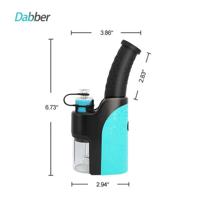 Waxmaid 6.73'' Dabber Electric Dab Rig with quartz chamber and three coils, blue and black compact design, product dimensions included