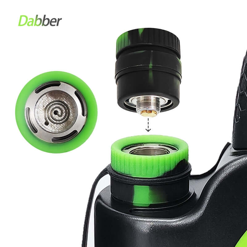 Waxmaid Dabber Electric Dab Rig showing close-up of dabber atomizer and quartz chamber with three coils.