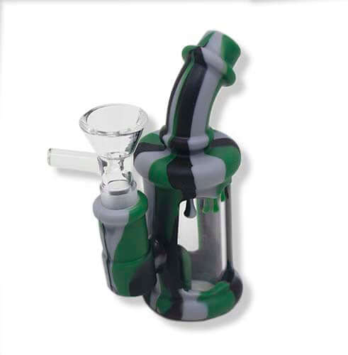 Green and black mini silicone-glass hybrid teapot water pipe 5" with unique design. Perfect for shelves.