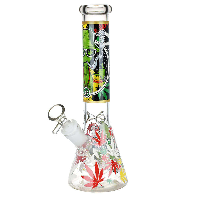 Aliens And Hemp Leaves Glow Glass Beaker Water Pipe-10" / 14mm F / Designs Vary