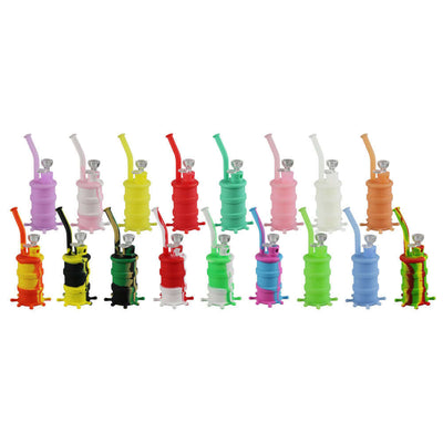 Assorted 8.5" Oil Barrel Silicone Bongs in Bright Colors with 14mm Diffuse Down Stem and Glass Herb Slide