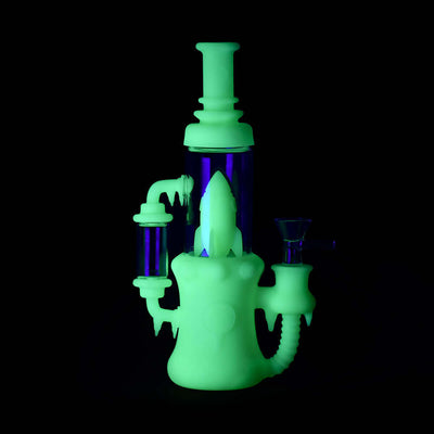 Ritual 8.5'' Silicone Rocket Recycler UV Titanium White with rocket ship perc feature glowing under UV light.