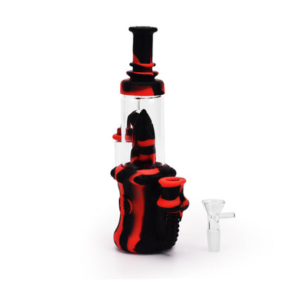 Black and red 8.5'' silicone rocket recycler with platinum cured durability and borosilicate bowl designed in the USA.