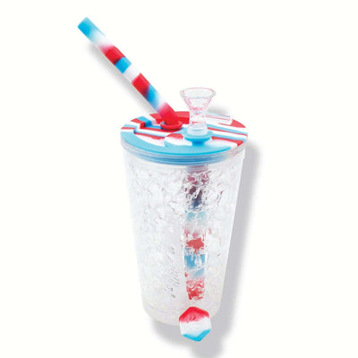 Silicone water pipe disguised as a plastic cup with a glass bowl, and striped straw-like hookah hose for smooth smoke sessions.