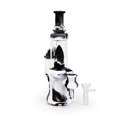 Ritual 8.5'' Silicone Rocket Recycler in Black & White with rocket ship perc and recycling action for herbs and concentrates