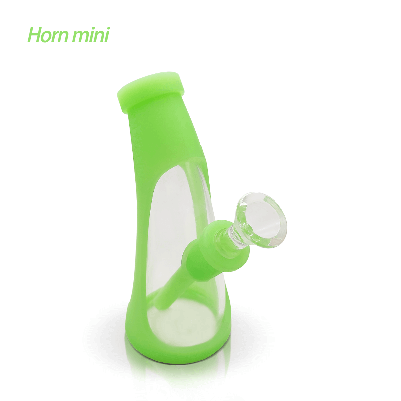 Waxmaid Mini Horn 5.67″ Silicone Glass Bubbler in green with odorless glass chamber and unbreakable platinum-cured silicone sleeves